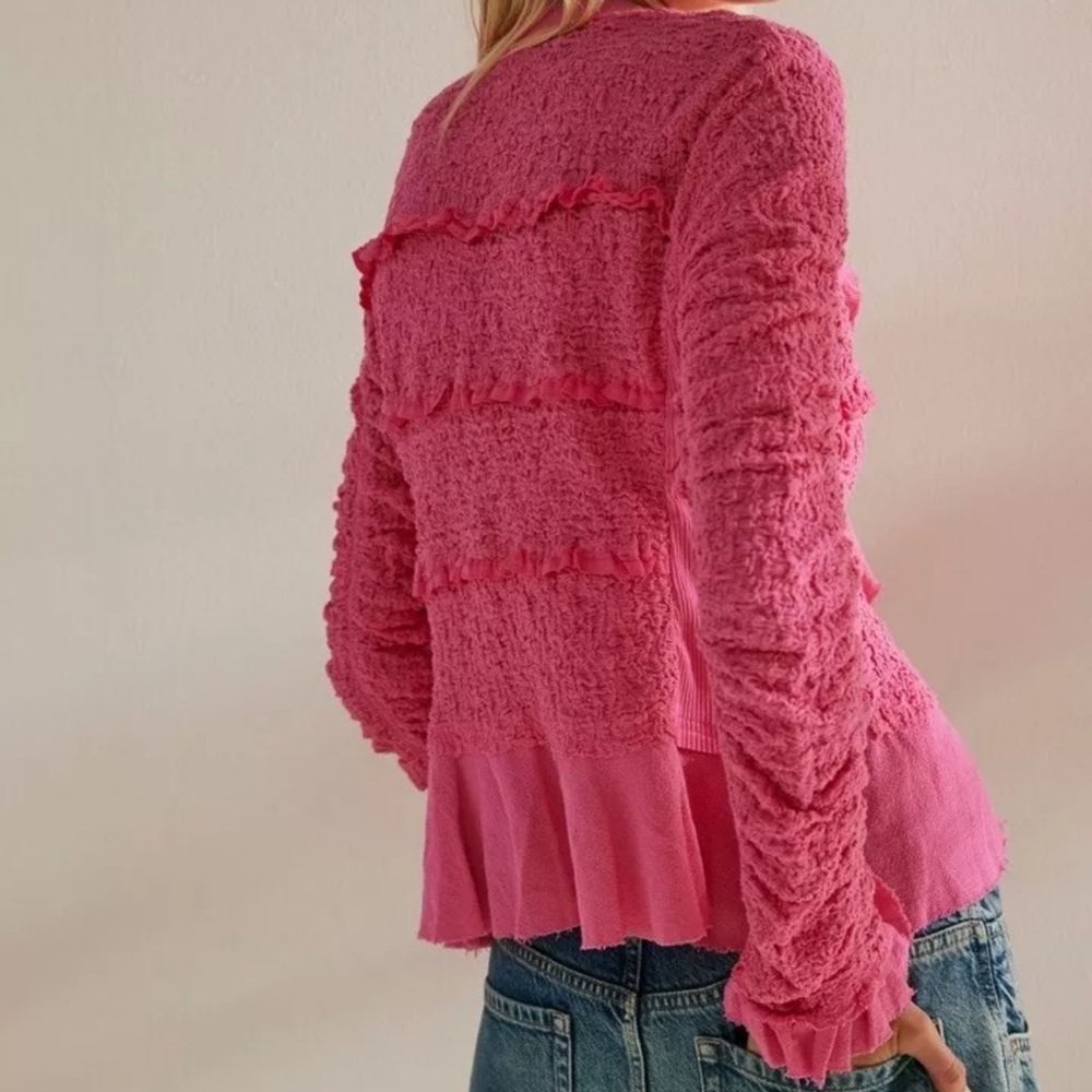 Free People Demi Jacket Textured Ruffle Lace Adorned Raw Hems Pink Aurora - Picture 3 of 6